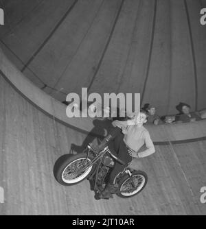 Motorradfahrer in der 1940s. A Ein junger Mann auf seinem Motorrad während einer Show in der Wall of Death (manchmal bekannt als Wall of Death, Motordrome, Silodrome. Wall of Death ist eine holzbeplankte tonnenförmige Arena, in der Zuschauer von oben beobachten, wie Motorräder oder andere motorisierte Fahrzeuge mit hoher Geschwindigkeit um sie herum fahren, oft andere Stunts durchführen. Schweden 1947 Conard Ref. 1103 Stockfoto