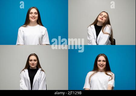 Collage-Foto mit vier verschiedenen glücklichen und traurigen Emotionen in einer jungen Brünette Frau in weißem T-Shirt auf blauem und weißem Hintergrund. Stockfoto