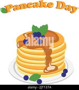 Gruppe von gestapelten Pfannkuchen mit Beeren und Honig oder Karamell Syruo auf dem weißen Teller. Schönes Design für Karteneinladung, zum Happy Pancakes Day. Vektor Stock Vektor