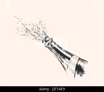 Handgezeichnete Illustration der Champagne Explosion. Alkohol trinken Spritzer mit Blasen. Stock Vektor