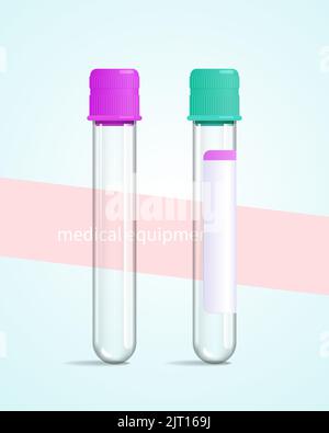 Die Vektordarstellung einiger transparenter Reagenzgläser hat violette und grüne Kappen, sie befinden sich auf einem einfachen Hintergrund. Das Konzept ist medizinische Ausrüstung Stock Vektor