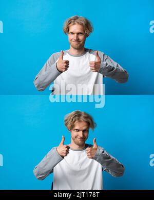 Netter Job Mann, wie es. Satz von zwei Foto erfreut gut aussehenden glücklichen Mann zeigt Daumen nach oben und lächelt breit, gibt positives Feedback, teilt seine Stockfoto