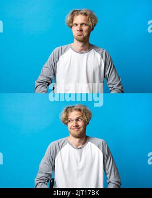 Set von jungen Mannes Porträts mit verschiedenen glücklichen und traurigen Emotionen. Collage mit zwei verschiedenen Emotionen. Stockfoto