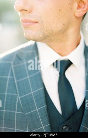 Mann in einer grauen karierten Jacke. Halbhoch Stockfoto