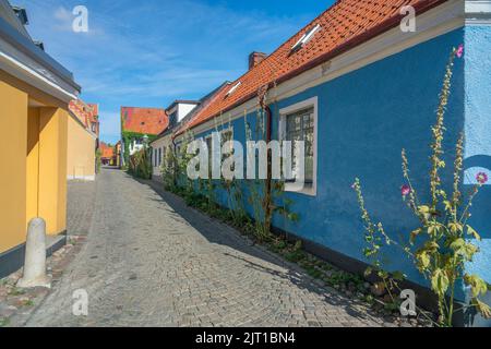 Ystad, Schweden - 24, Aug 2022: Kleinere Straße mit Kopfsteinpflaster mit Häusern. Stockfoto