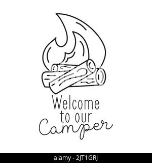 Camping T Shirt Design in minimalistischer Linie Art Style mit Zitat - Willkommen bei unserem Camper. Lineares Wegemblem. Wander Silhouette Label. Stock-Vektor Stock Vektor