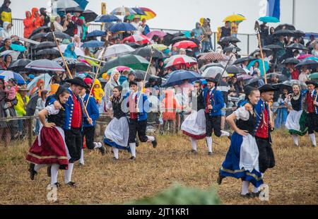 27. August 2022, Baden-Württemberg, Markgröningen: Bei starkem Regen führen die Teilnehmer des Markgröninger Schäferlaufs den Schäfer-Tanz auf einem Stoppelfeld auf. Foto: Christoph Schmidt/dpa Stockfoto