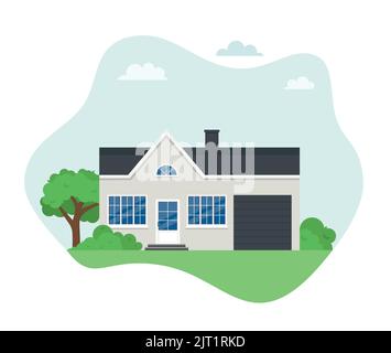 Hausfassade. Kleines Häuschen, moderne Architektur. Idee von Immobilien. Vorderansicht des Gebäudes. Isolierter, flacher Illustrationsvektor EPS 10 Stock Vektor