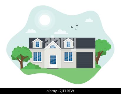 Hausfassade. Kleines Häuschen, moderne Architektur. Idee von Immobilien. Vorderansicht des Gebäudes. Isolierter, flacher Illustrationsvektor EPS 10 Stock Vektor