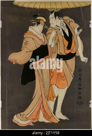 Tōshūsai Sharaku (1794) Ichikawa Komazō III als Kameya Chūbei und Nakayama Tomisaburō als Umegawa (beschnitten). Stockfoto