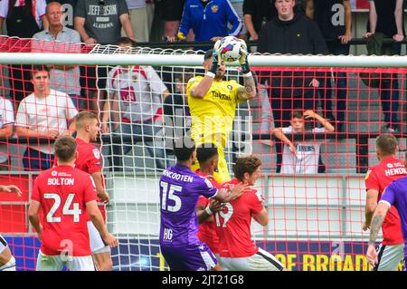 Tom King von Salford City spart sich beim Sky Bet League 2-Spiel zwischen Salford City und Stevenage in Moor Lane, Salford am Samstag, den 27.. August 2022. (Kredit: Ian Charles | MI News) Kredit: MI News & Sport /Alamy Live News Stockfoto