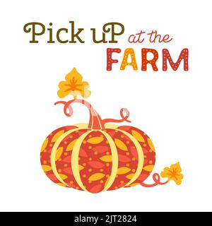 Pick up Kürbis auf Bauernhof Vektor Einladung Vorlage. Dekorative vintage verzieren orange Ernte Symbol Cartoon Design Element Illustration. Stock Vektor