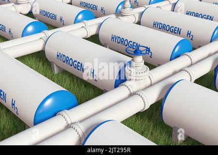 Wasserstoff H2 Gasspeichertanks auf Grüngrasfeld. Illustration des Konzepts der erneuerbaren, nachhaltigen und sauberen Energieerzeugung Stockfoto