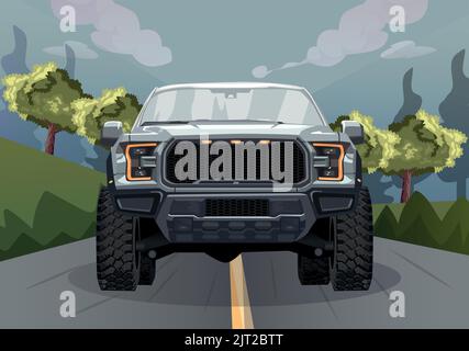 Pickup-LKW auf der Straße, Vorderansicht Stock Vektor