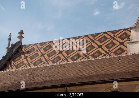 Dach- und Außengebäude, Königliches Kloster Brou, Brou, Bourg-en-Bresse, Rhone-Alpes, Frankreich. Kirche gebaut, um die Gräber der Margarete von Österreich zu beherbergen Stockfoto