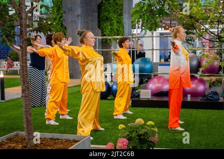 Eine Gruppe von Menschen, die gemeinsam Qigong-Übungen auf der Ausstellung machen Stockfoto