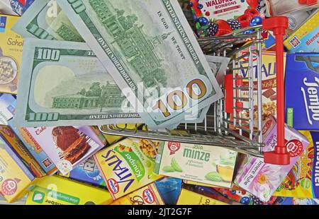 Viersen, Deutsch - Juli 9. 2022: Ansicht von oben auf dem Warenkorb-Modell mit vielen US-Dollar-Geldscheinen auf Markenprodukten im Stapel Stockfoto