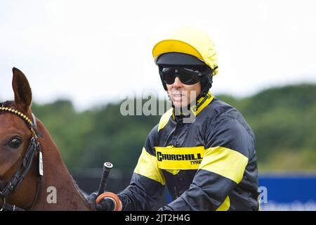 Jockey Graham Lee auf Reginald Charles vor dem Start eines Rennens bei York Races, Stockfoto