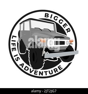 Ein Geländewagen und Berge Vektor monochromen Vintage-Emblem, Etikett, Abzeichen oder Logo Stock Vektor