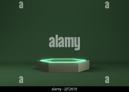 Abstrakter minimaler Hintergrund. Dunkelgrüner Hexoganal-Sockel mit Neonlicht zur Produktanzeige. 3D Abbildung Stockfoto