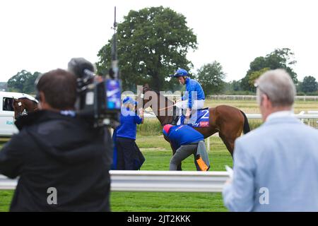 Der Jockey Ray Dawson reitet Mawj und macht sich bereit, bei den York Races zu reiten, während Mick Fitzgerald von ITV auf den Bildschirm schaut. Stockfoto