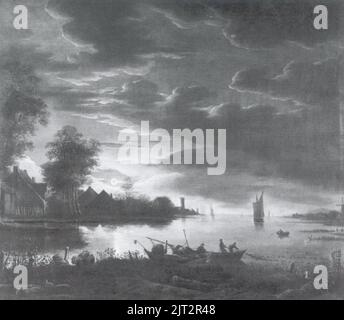 Trant van Aert van der Neer - Landschap bij maanlicht met vissers - NM 537 Stockfoto