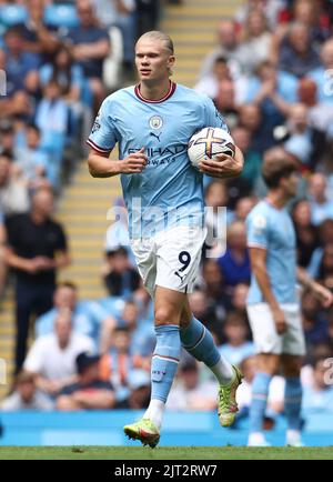 Manchester, England, 27.. August 2022. Erling Haaland aus Manchester City während des Spiels der Premier League im Etihad Stadium in Manchester. Bildnachweis sollte lauten: Darren Staples / Sportimage Stockfoto