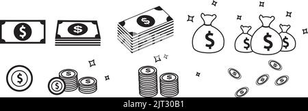 Eine Reihe von Geld-Icons: Sack Geld, Münzen und Dollar-Banknoten auf weißem Hintergrund Stock Vektor