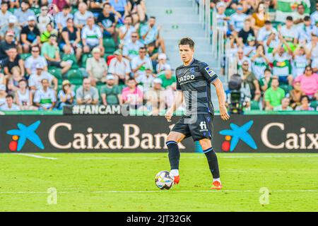 ELCHE, SPANIEN - 27. AUGUST: Aihen Muñoz von Real Sociedad während des Spiels zwischen Elche CF und Real Sociedad de Futbol von La Liga Santander am 27. August 2022 in Martínez Valero in Elche, Spanien. (Foto von Samuel Carreño/ PX Images) Stockfoto