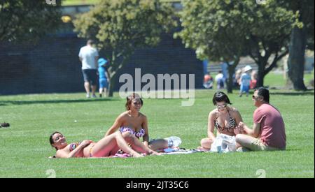ENTSPANNEN IN DER SONNE AM CANOE LAKE, SOUTHSEA, HANTS PIC MIKE WALKER, MIKE WALKER BILDER,2012 Stockfoto