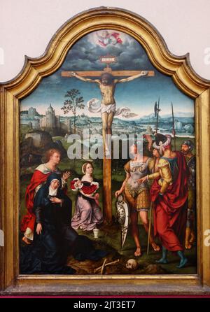 Triptychon der Kreuzigung, flankiert vom knienden Spender und seiner Frau, von Joos van Cleve, Ansicht 3, 1500-1550 n. Chr., Stockfoto