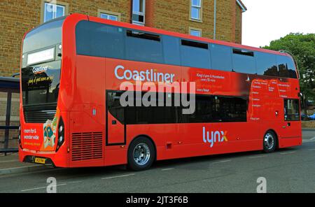 Coastliner, roter Bus, Luchs, öffentlicher Verkehr, Nordnorfolkküste, Hunstanton, Norfolk, England Stockfoto