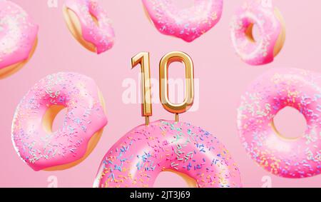 Happy 10. Geburtstagsfeier Hintergrund mit rosa mattierten Donuts. 3D Rendering Stockfoto