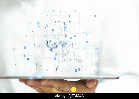 Eine digitale Technologie Big Data-Konzept auf einem Tablet in der Hand des Menschen, 3D Render Stockfoto