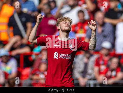 Liverpool. 28. August 2022. Harvey Elliott aus Liverpool feiert am 27. August 2022 ein Tor während des Spiels der englischen Premier League zwischen Liverpool und AFC Bournemouth in Liverpool, Großbritannien. Quelle: Xinhua/Alamy Live News Stockfoto