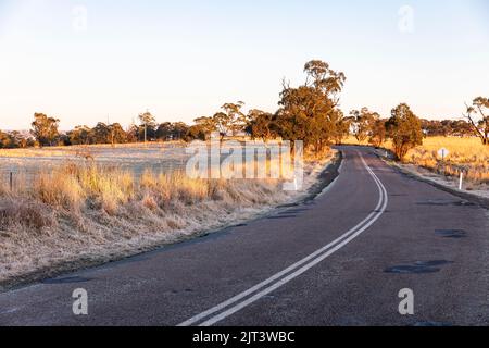 Australien, frostiger Wintermorgen bei Sonnenaufgang in der Nähe von Goulburn im regionalen New South Wales, Australien Stockfoto