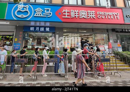 Am 28. August 2022 steht vor einem Hema 'FRESHIPPO OUTLETS'-Geschäft in Shanghai, China, eine Schlange von Hunderten von Metern. Es wird berichtet, dass Hema 'FRISCH Stockfoto