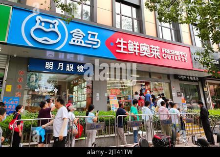 Am 28. August 2022 steht vor einem Hema 'FRESHIPPO OUTLETS'-Geschäft in Shanghai, China, eine Schlange von Hunderten von Metern. Es wird berichtet, dass Hema 'FRISCH Stockfoto