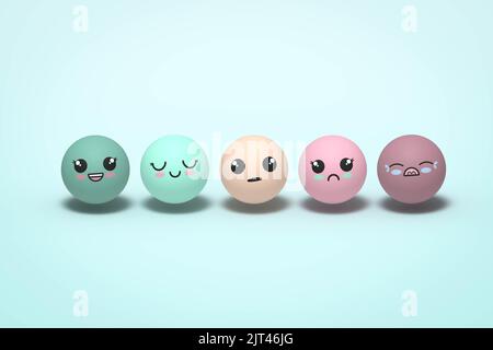 Feedback Kawaii Stil Emoji oder Emoticon Skala zur Bewertung glücklich Lächeln neutral traurig wütend Emotionen. 3D Abbildung Stockfoto