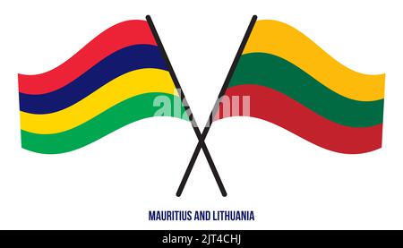 Mauritius und Litauen Flaggen gekreuzt und winkend Flat Style. Offizieller Anteil. Korrigieren Sie Die Farben. Stockfoto