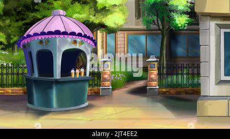 Eisstand in einer Stadt an einem Sommertag. Digital Painting Hintergrund, Illustration. Stockfoto