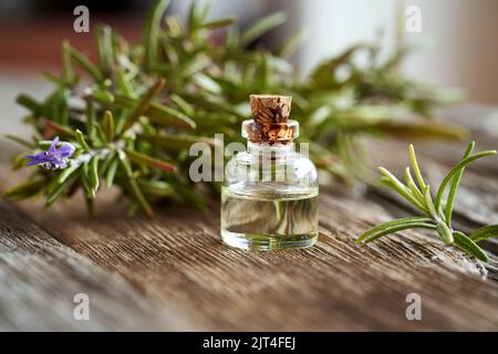 Eine Flasche ätherisches Aromatherapie-Öl mit frisch blühenden Rosmarinzweigen Stockfoto