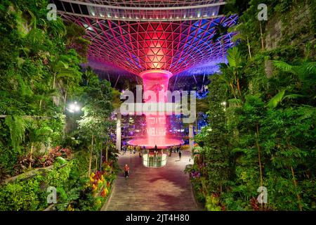 SINGAPUR - CIRCA JANUAR 2020: Blick auf den Rain Vortex, den größten und höchsten Indoor-Wasserfall der Welt, der mit 40 Metern am Jewel Changi steht Stockfoto