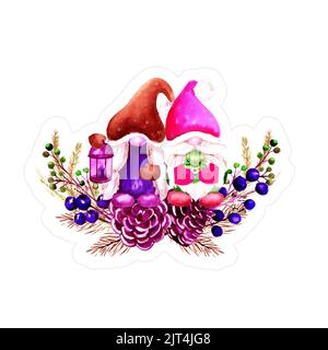 Aquarell-Weihnachtsaufkleber mit Gnomen. Aquarelldarstellung. Stockfoto