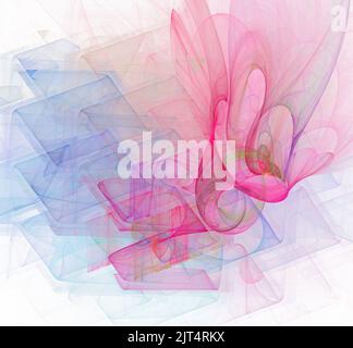 Rote und blaue Fraktalfäden in Parallelepiped angeordnet. Weißer Hintergrund Stockfoto