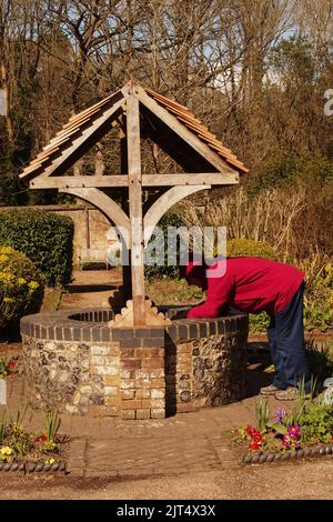 Ein Mann mit 60+, der im Garten des Brandon Country Park, Suffolk, England, einen gut gemachten mit Flintknapping mit grauen Ziegeln überblickt Stockfoto