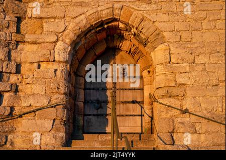 Alte Holztür am Eingang zu einem Schloss Stockfoto