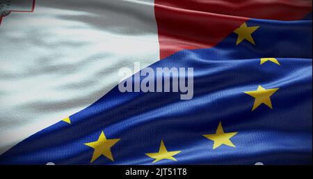 Hintergrund der Flagge Maltas und der Europäischen Union. Beziehungen zwischen der Regierung des Landes und der EU. 3D Abbildung. Stockfoto