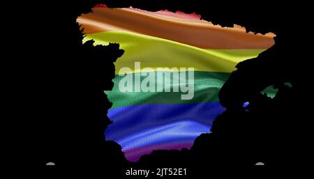 Spanien Land Gebiet Umriss Form mit LGBT Regenbogenfahne auf schwarzem Hintergrund. Stockfoto