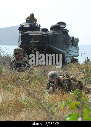 US-Marineinfanteristen mit dem Bataillon 3., dem Marineregiment 1., das dem Marineregiment 4., der Marine Division 3. und der III Marine Expeditionary Force im Rahmen eines Einheitsprogramms zugewiesen wurde, sichern sich während eines 140214 einen Strand Stockfoto